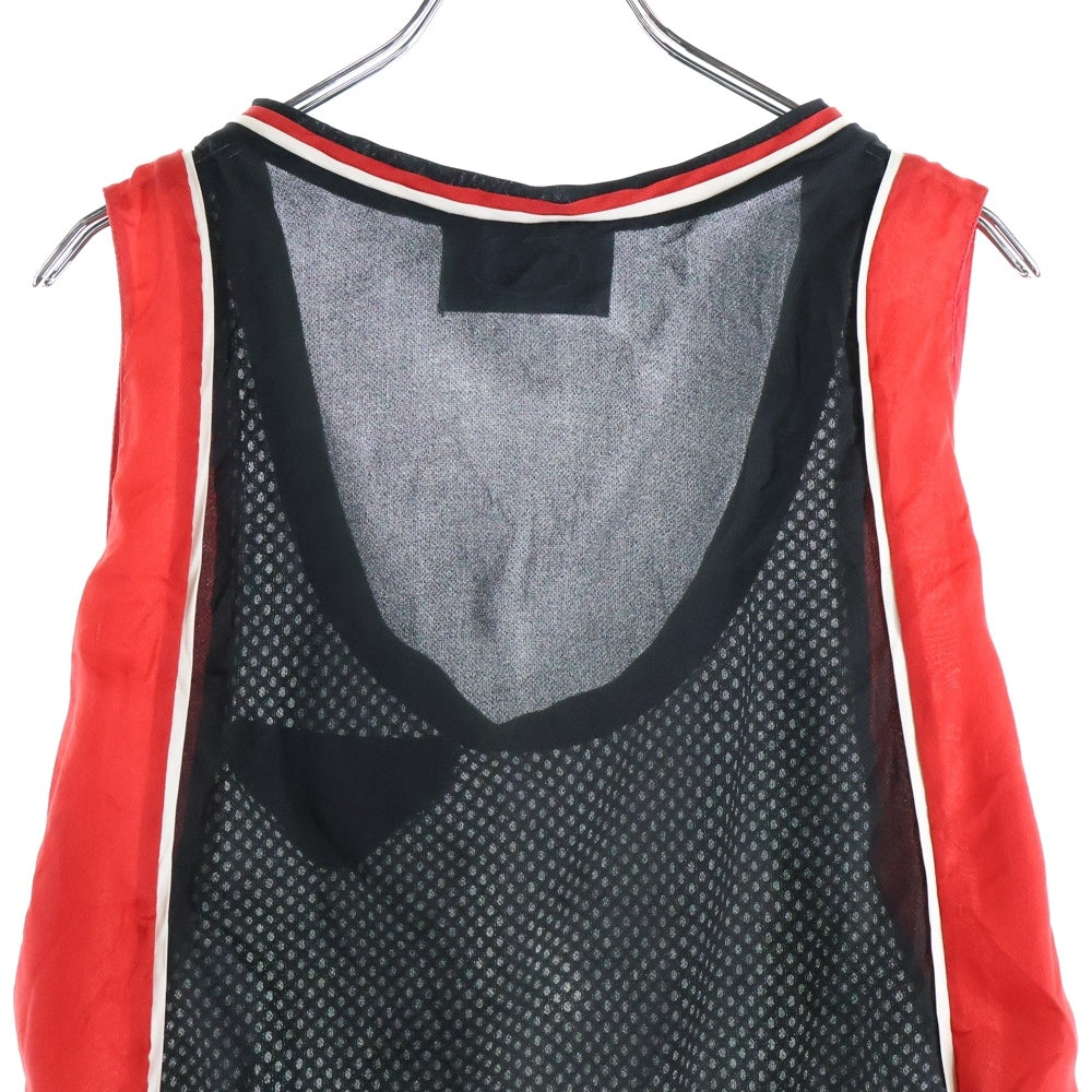 PRADA(プラダ) 20SS ラバーワッペンロゴ シルク メッシュ Uネック ノースリーブ ミディアムワンピース ブラック/レッド レディース P3C73