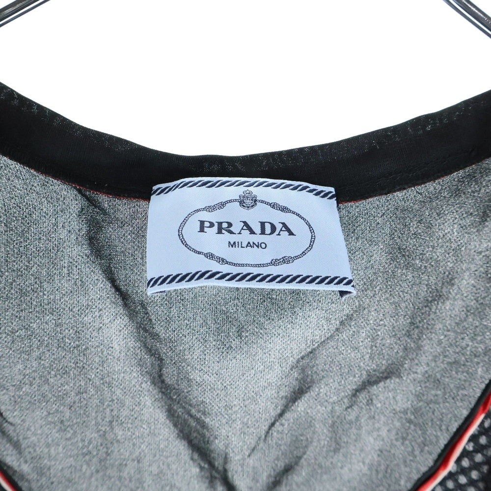 PRADA(プラダ) 20SS ラバーワッペンロゴ シルク メッシュ Uネック ノースリーブ ミディアムワンピース ブラック/レッド レディース P3C73