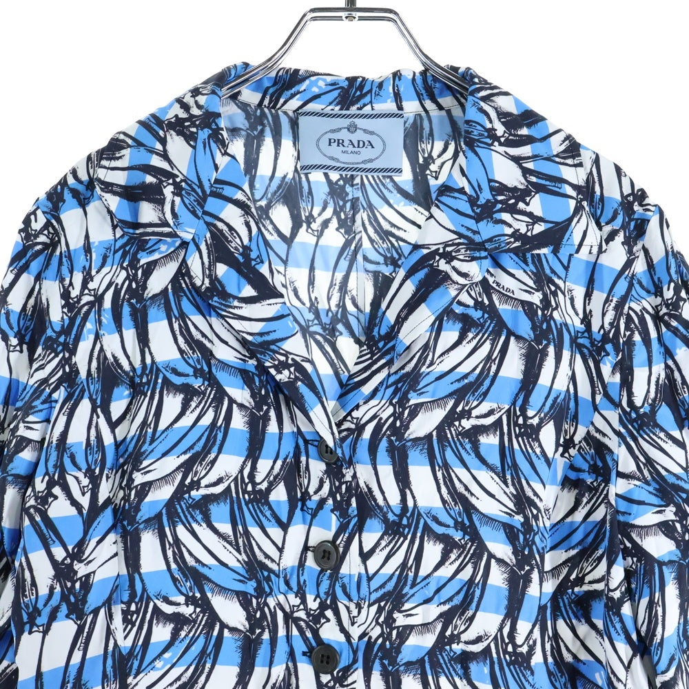 PRADA(プラダ) 18SS バナナ ボーダー 総柄プリント ビスコース レーヨン 長袖 シャツ ロング ワンピース ドレス ライトブルー/ホワイト レディース P36Y3
