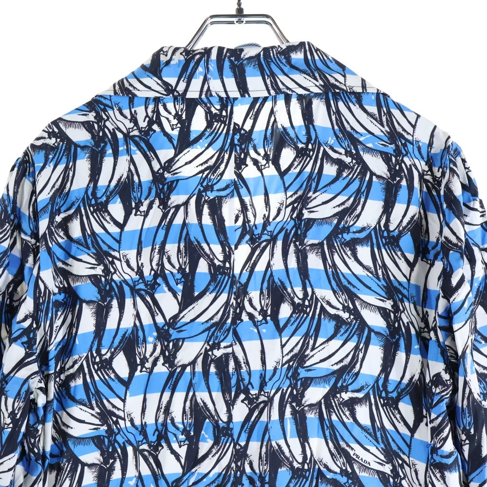 PRADA(プラダ) 18SS バナナ ボーダー 総柄プリント ビスコース レーヨン 長袖 シャツ ロング ワンピース ドレス ライトブルー/ホワイト レディース P36Y3