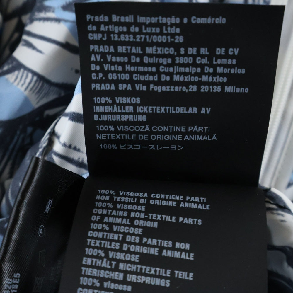 PRADA(プラダ) 18SS バナナ ボーダー 総柄プリント ビスコース レーヨン 長袖 シャツ ロング ワンピース ドレス ライトブルー/ホワイト レディース P36Y3