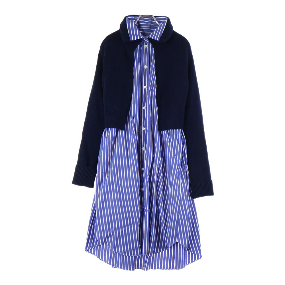 Sacai(サカイ) 21AW ウールニット カーディガン ドッキング ストライプ総柄 ロング 長袖シャツ ワンピース ブルー/ネイビー レディース 21-05715