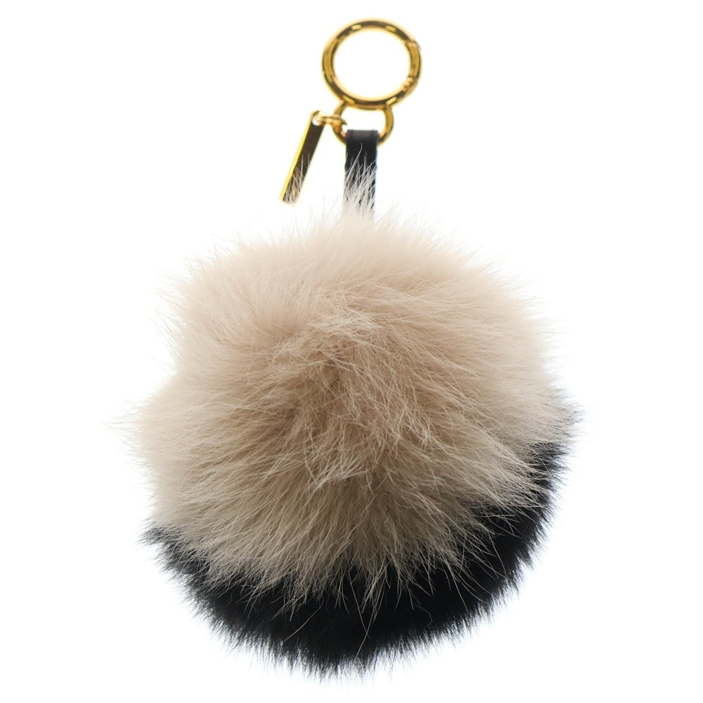 FENDI(フェンディ) ファー ポンポン バッグチャーム キーホルダー キーリング ブラック×ベージュ ゴールド金具