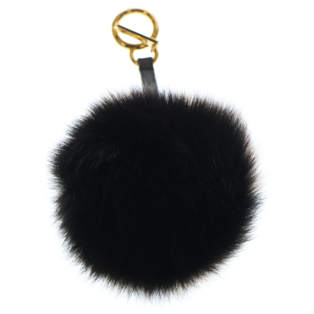 FENDI(フェンディ) ファー ポンポン バッグチャーム キーホルダー キーリング ブラック×ベージュ ゴールド金具