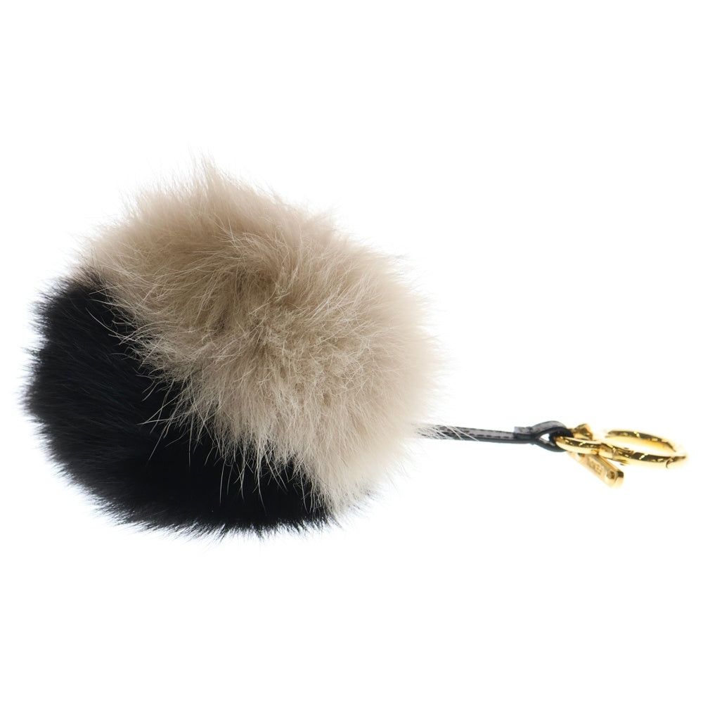 FENDI(フェンディ) ファー ポンポン バッグチャーム キーホルダー キーリング ブラック×ベージュ ゴールド金具