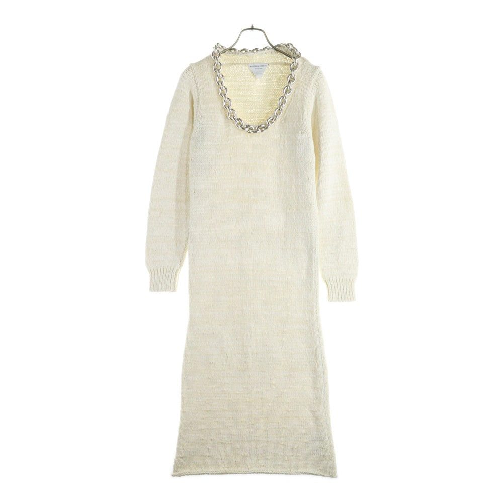 BOTTEGA VENETA(ボッテガヴェネタ) チェーン装飾 ラウンドネック コットン プルオーバー 長袖ニット ロング ワンピース ホワイト レディース 628712 VKWB0
