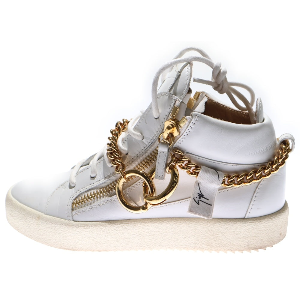 GIUSEPPE ZANOTTI(ジュゼッペ ザノッティ) チェーン装飾 ジップデザイン レザー レースアップ ミッドカットシューズ スニーカー ホワイト/ゴールド レディース