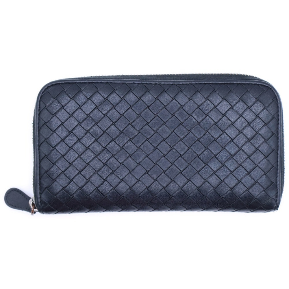 BOTTEGA VENETA(ボッテガヴェネタ) イントレチャート ラウンドファスナー長財布 ロングウォレット ブラック レザー シルバー金具