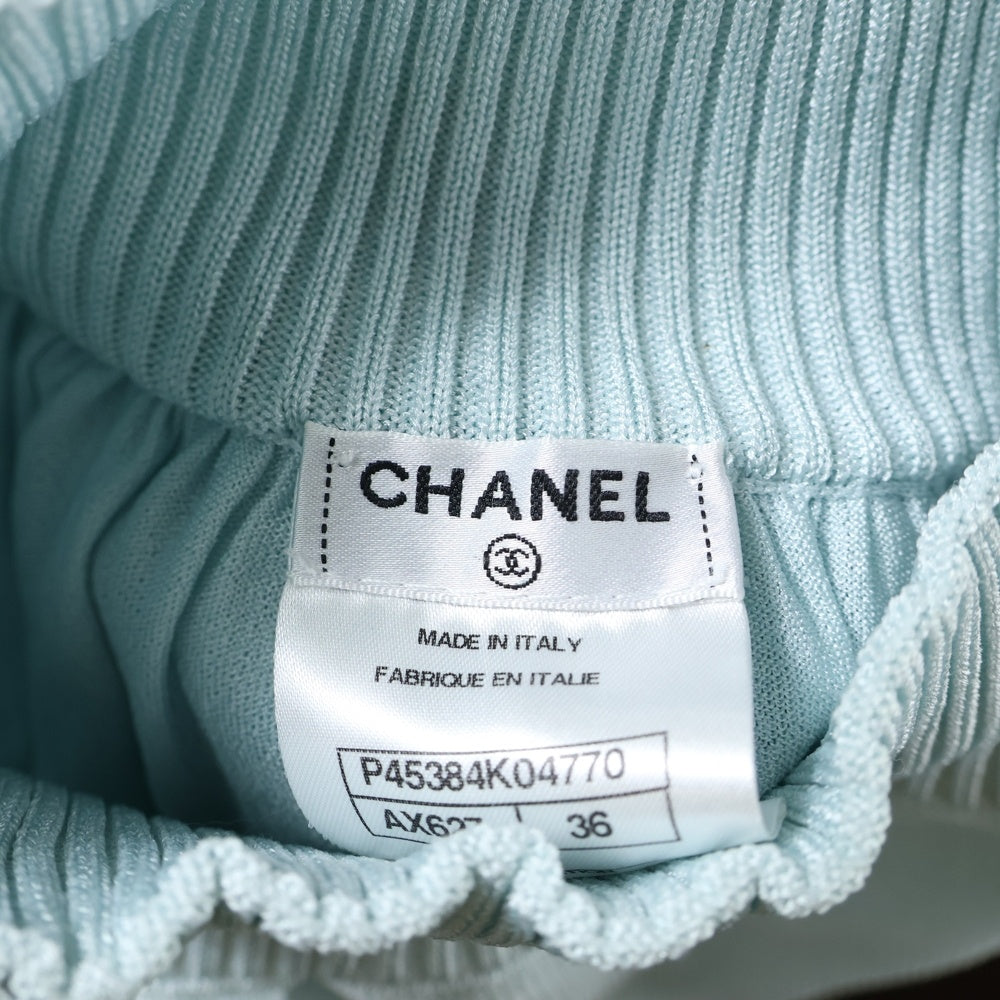 CHANEL(シャネル) ココマークロゴプレート レーヨン ナイロン ニット ミニ フレアスカート ライトブルー レディース P45384K04770