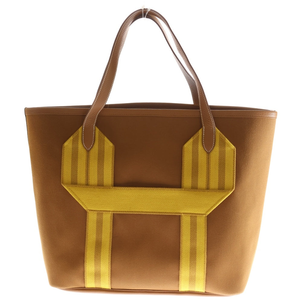 HERMES(エルメス) ピュールサングル トワル トリヨンクレマンス レザー キャンバス トートバッグ ブラウン/イエロー B刻印 レディース