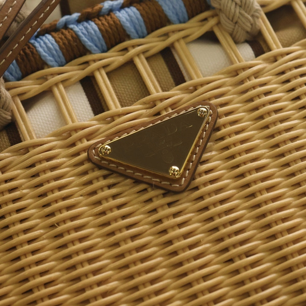 PRADA(プラダ) ウィッカー ミニハンドバッグ カゴバッグ べージュ×ブルー 1BG558 ゴールド金具 レディース