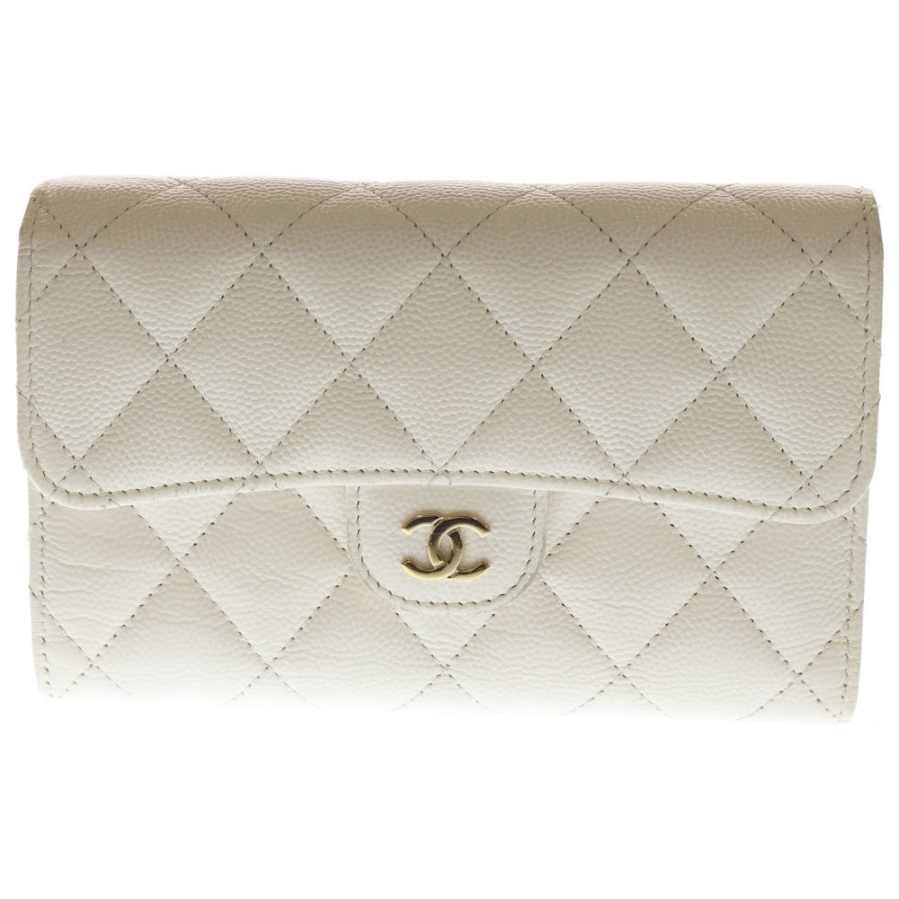 CHANEL(シャネル) マトラッセ キルティング 三つ折り財布 長財布 ロングウォレット ホワイト キャビアスキン ゴールド金具 レディース