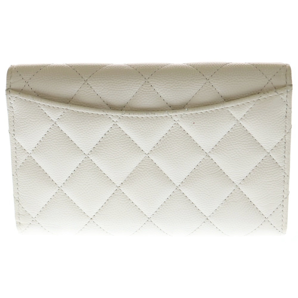 CHANEL(シャネル) マトラッセ キルティング 三つ折り財布 長財布 ロングウォレット ホワイト キャビアスキン ゴールド金具 レディース