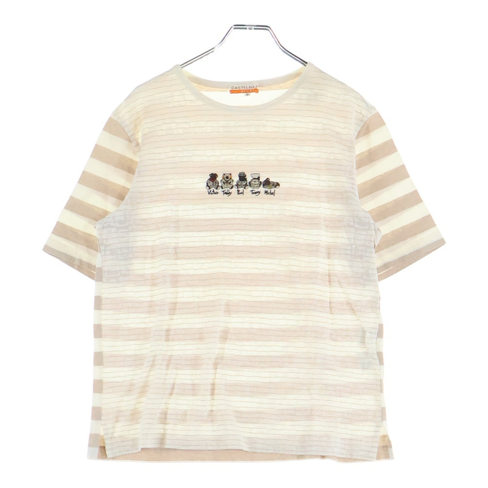 CASTELBAJAC(カステルバジャック) メッシュ切り替え ロゴ ボーダー総柄 ベア くま 刺繍 クルーネック 半袖 Tシャツ カットソー アイボリー レディース