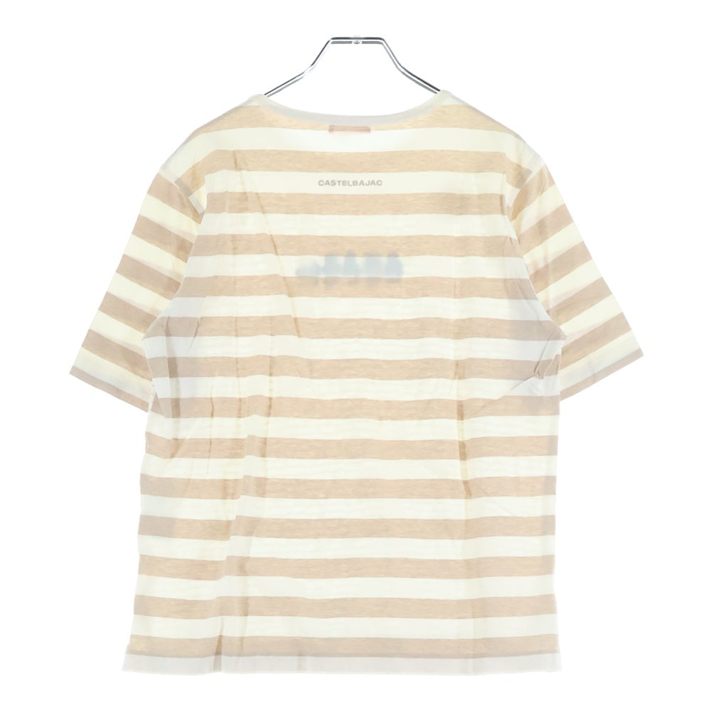 CASTELBAJAC(カステルバジャック) メッシュ切り替え ロゴ ボーダー総柄 ベア くま 刺繍 クルーネック 半袖 Tシャツ カットソー アイボリー レディース