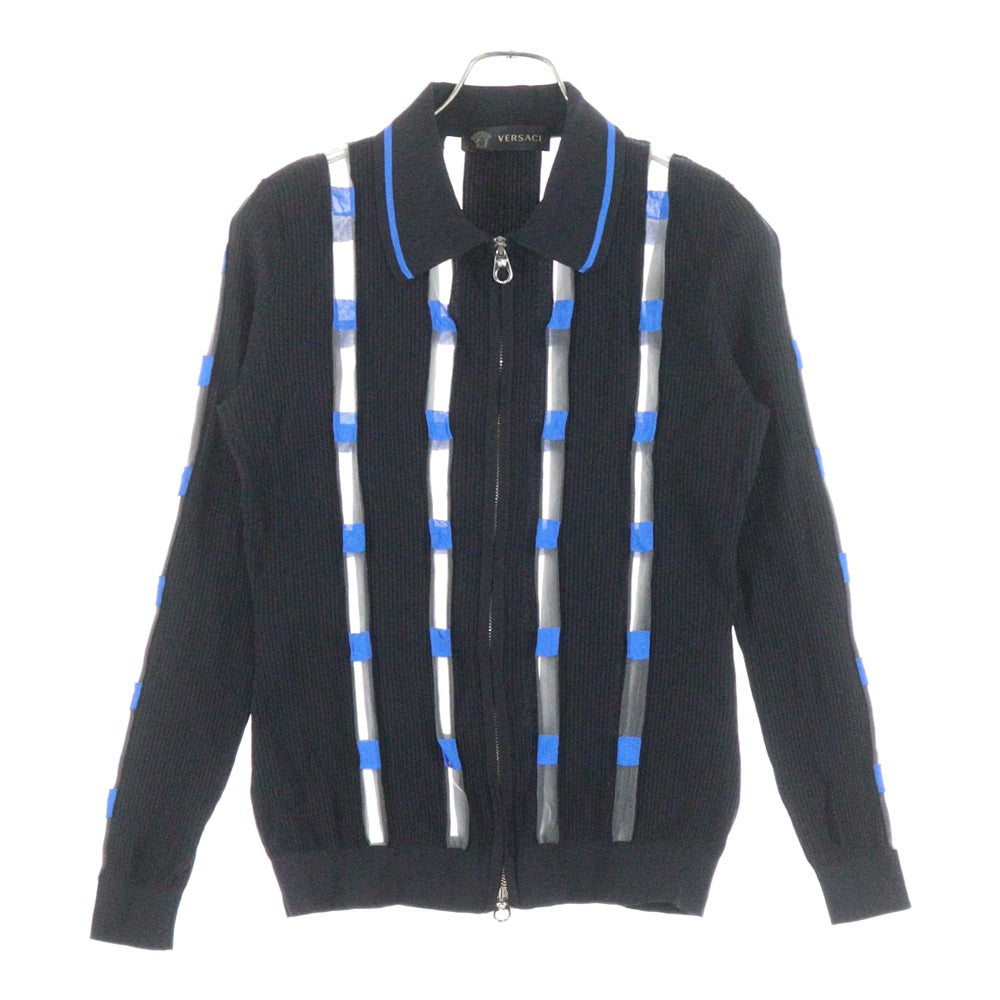 VERSACE(ヴェルサーチ) メデューサ シースルー切り替え ナイロンニット ジップアップ ジャケット ネイビー/ブルー A75714