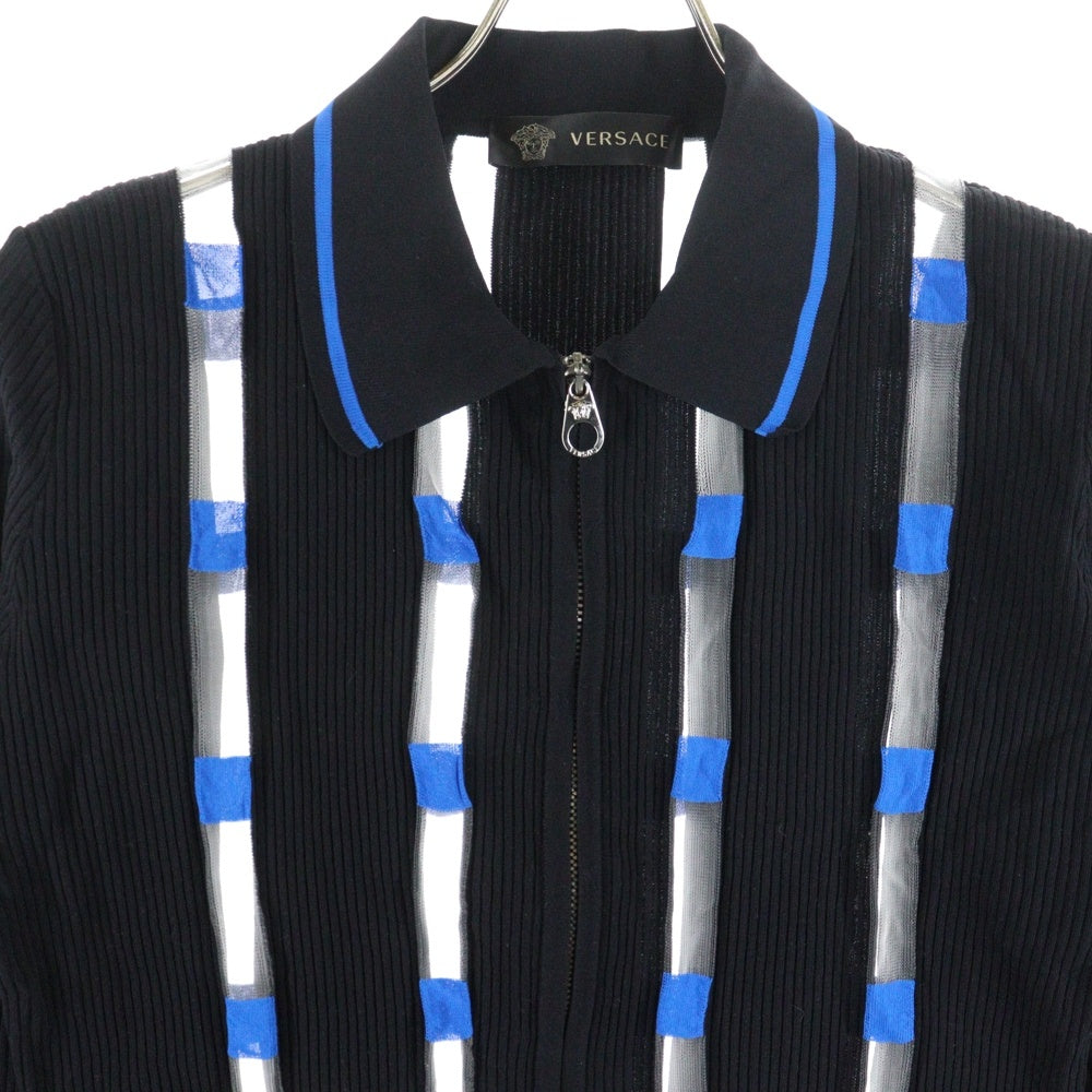 VERSACE(ヴェルサーチ) メデューサ シースルー切り替え ナイロンニット ジップアップ ジャケット ネイビー/ブルー A75714