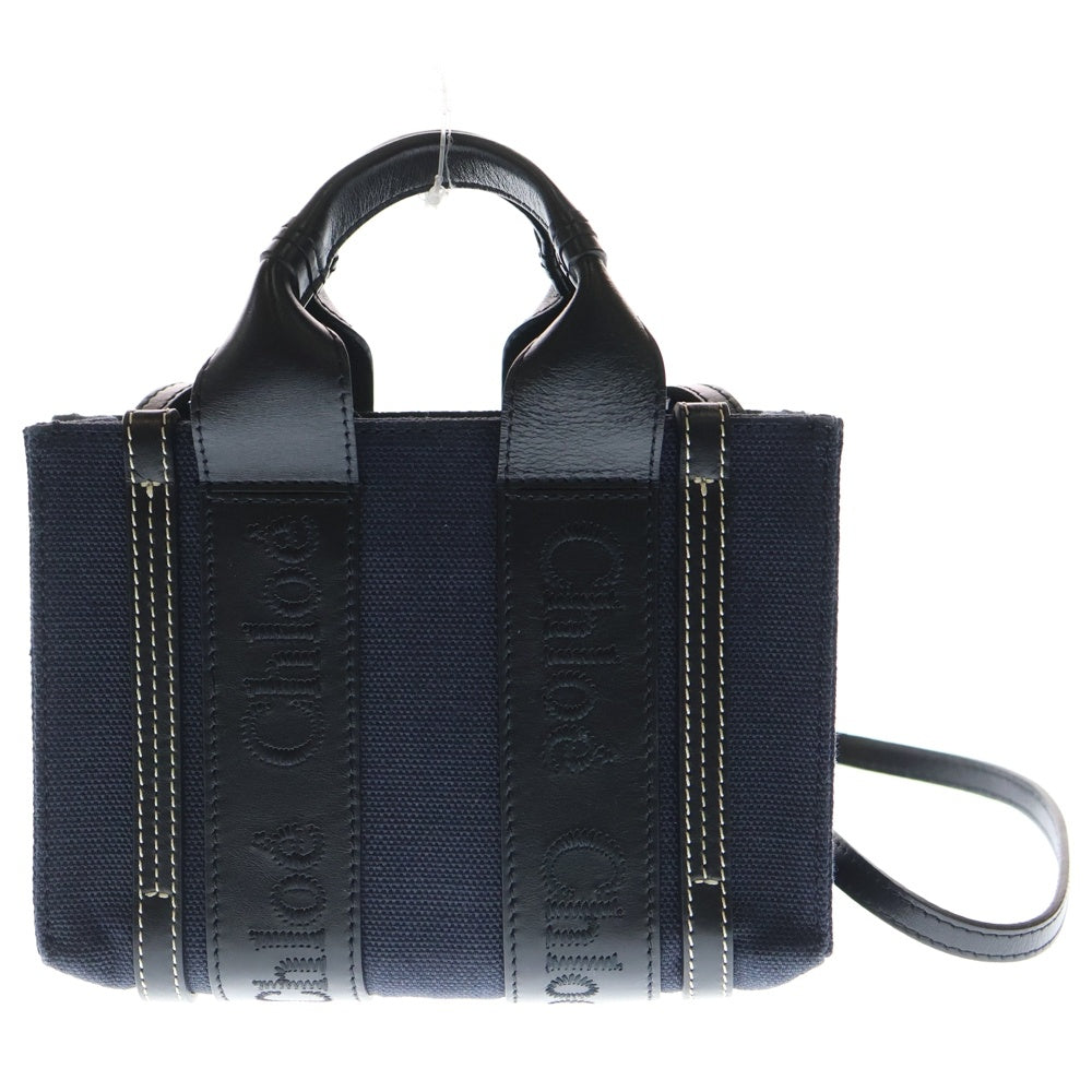 Chloe(クロエ) ウッディ ミニ 2WAYトートバッグ ハンドバッグ ブラック×ネイビー キャンバス×レザー