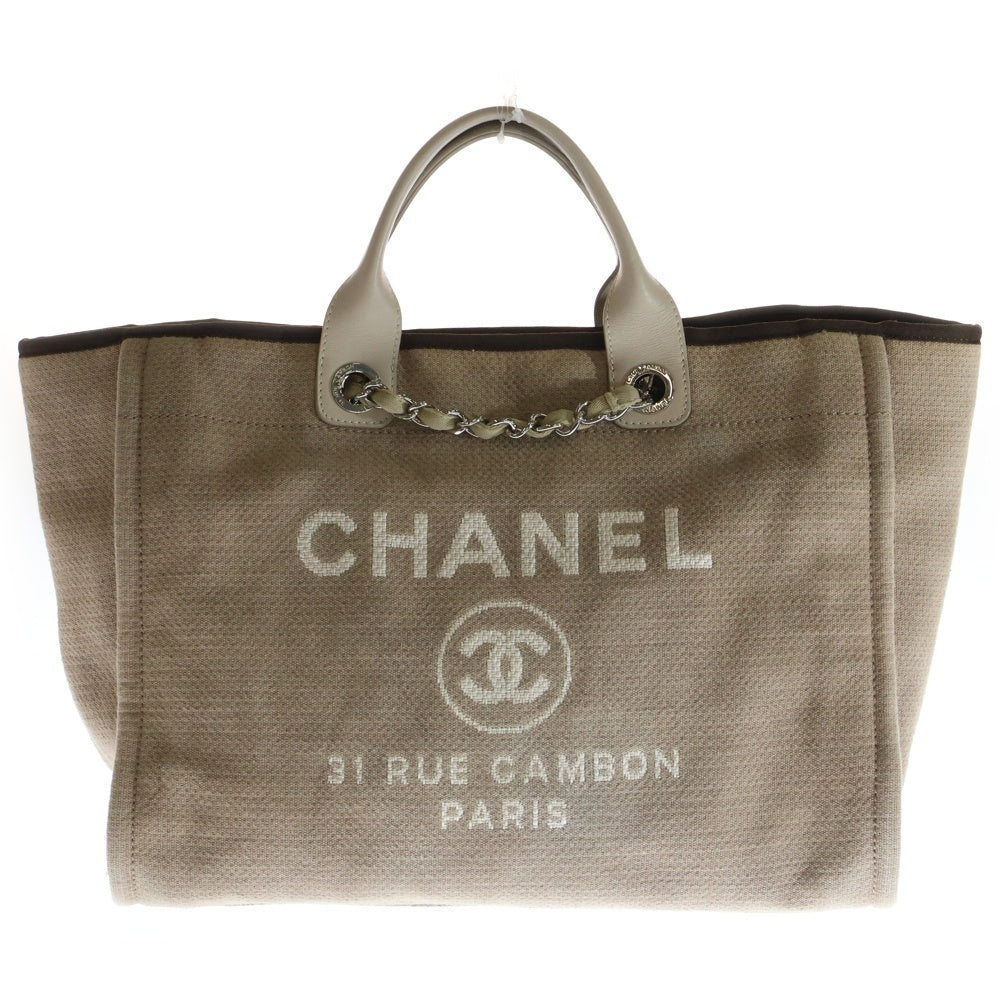 CHANEL(シャネル) ドーヴィルGM ココマーク ロゴジャガード キャンバス レザー チェーンショルダー トートバッグ シルバー金具 ベージュ 17番台 レディース