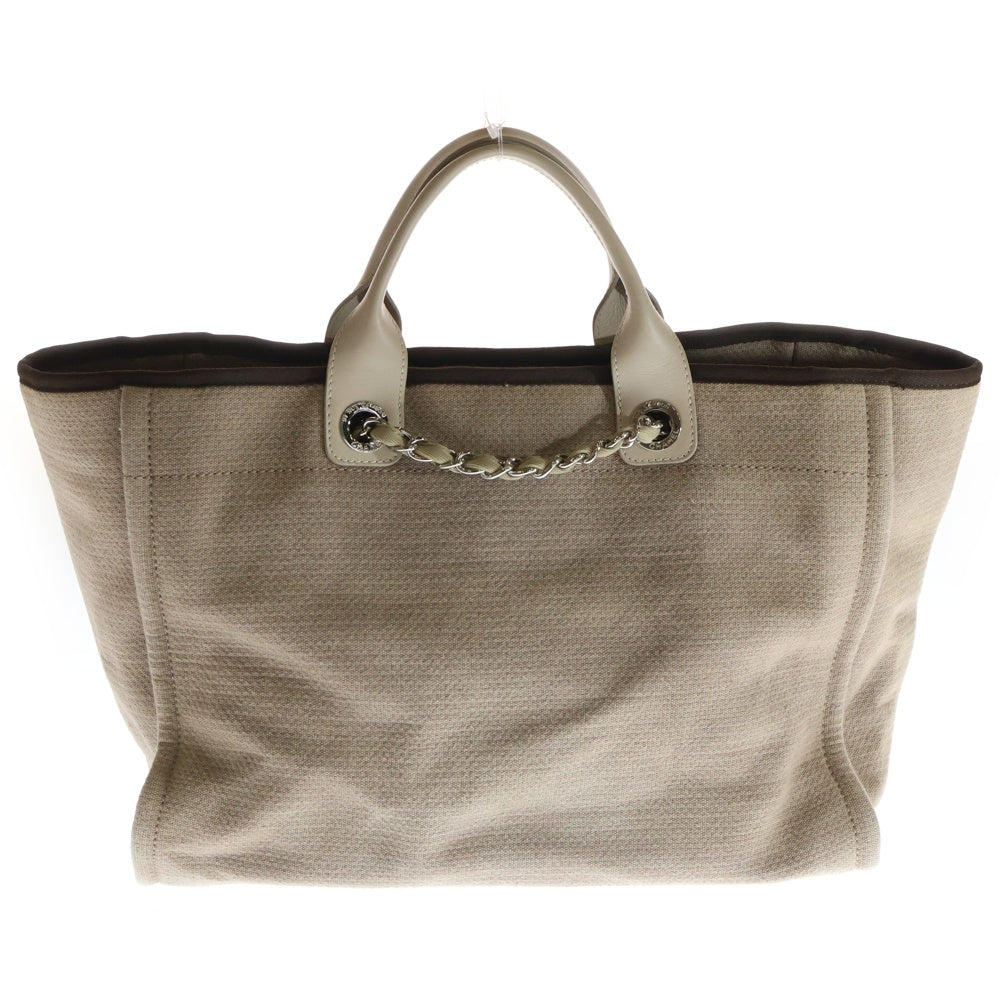 CHANEL(シャネル) ドーヴィルGM ココマーク ロゴジャガード キャンバス レザー チェーンショルダー トートバッグ シルバー金具 ベージュ 17番台 レディース