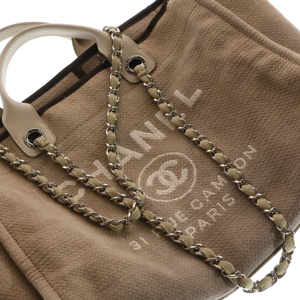 CHANEL(シャネル) ドーヴィルGM ココマーク ロゴジャガード キャンバス レザー チェーンショルダー トートバッグ シルバー金具 ベージュ 17番台 レディース
