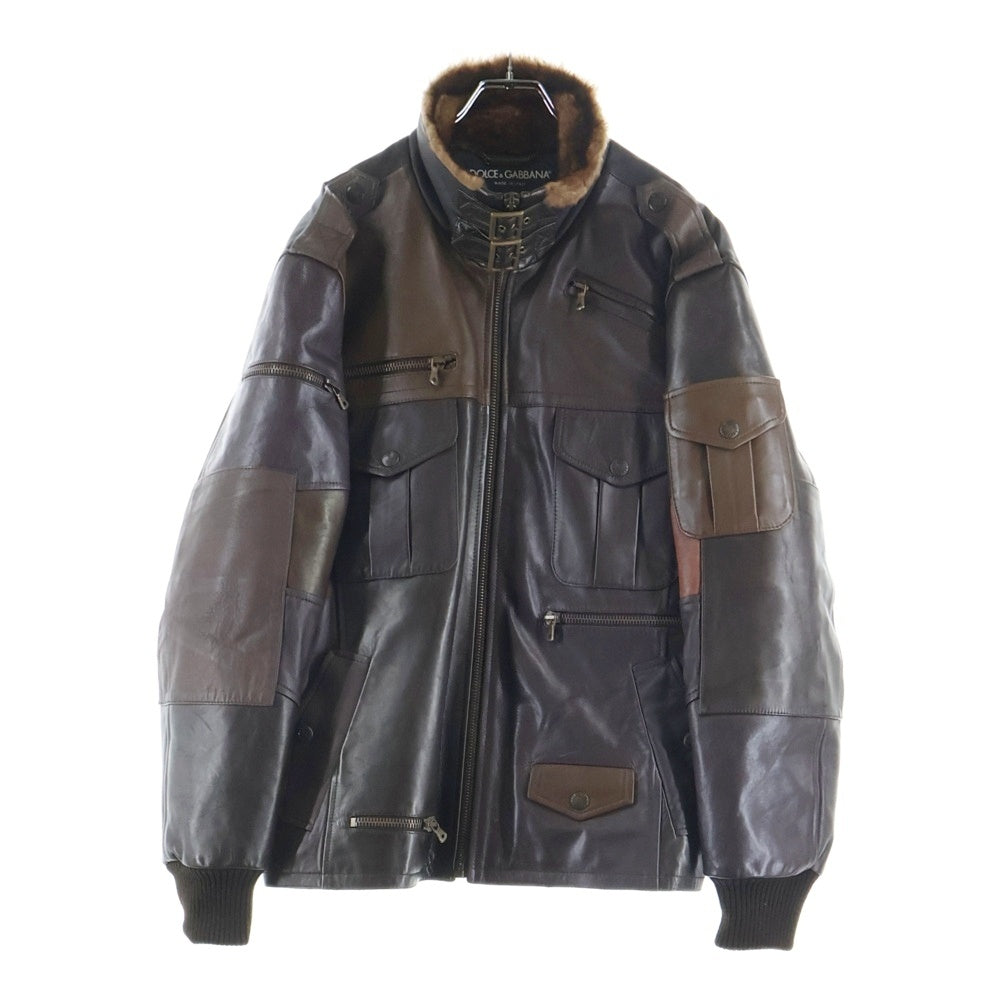 DOLCE & GABBANA(ドルチェアンドガッバーナ) ファーカラー ラムスキン レザー マルチポケット ジップアップ ジャケット ブラウン TLS19/9205