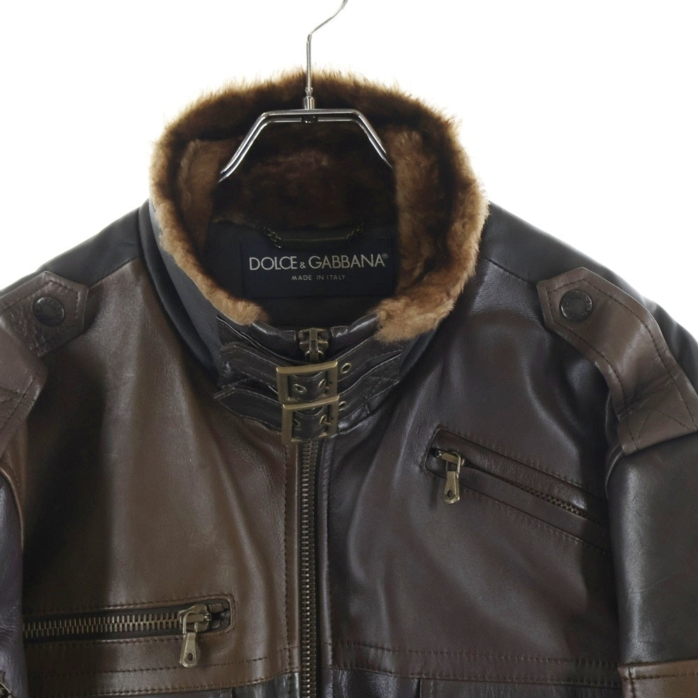 DOLCE & GABBANA(ドルチェアンドガッバーナ) ファーカラー ラムスキン レザー マルチポケット ジップアップ ジャケット ブラウン TLS19/9205