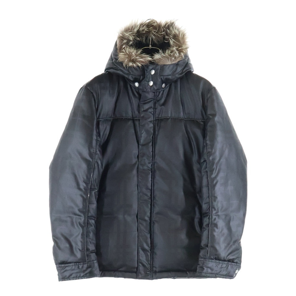 BURBERRY BLACK LABEL(バーバリー ブラックレーベル) チェック総柄 ファー フーデッド ジップアップ ダウンジャケット ブラック BMP63-733-09