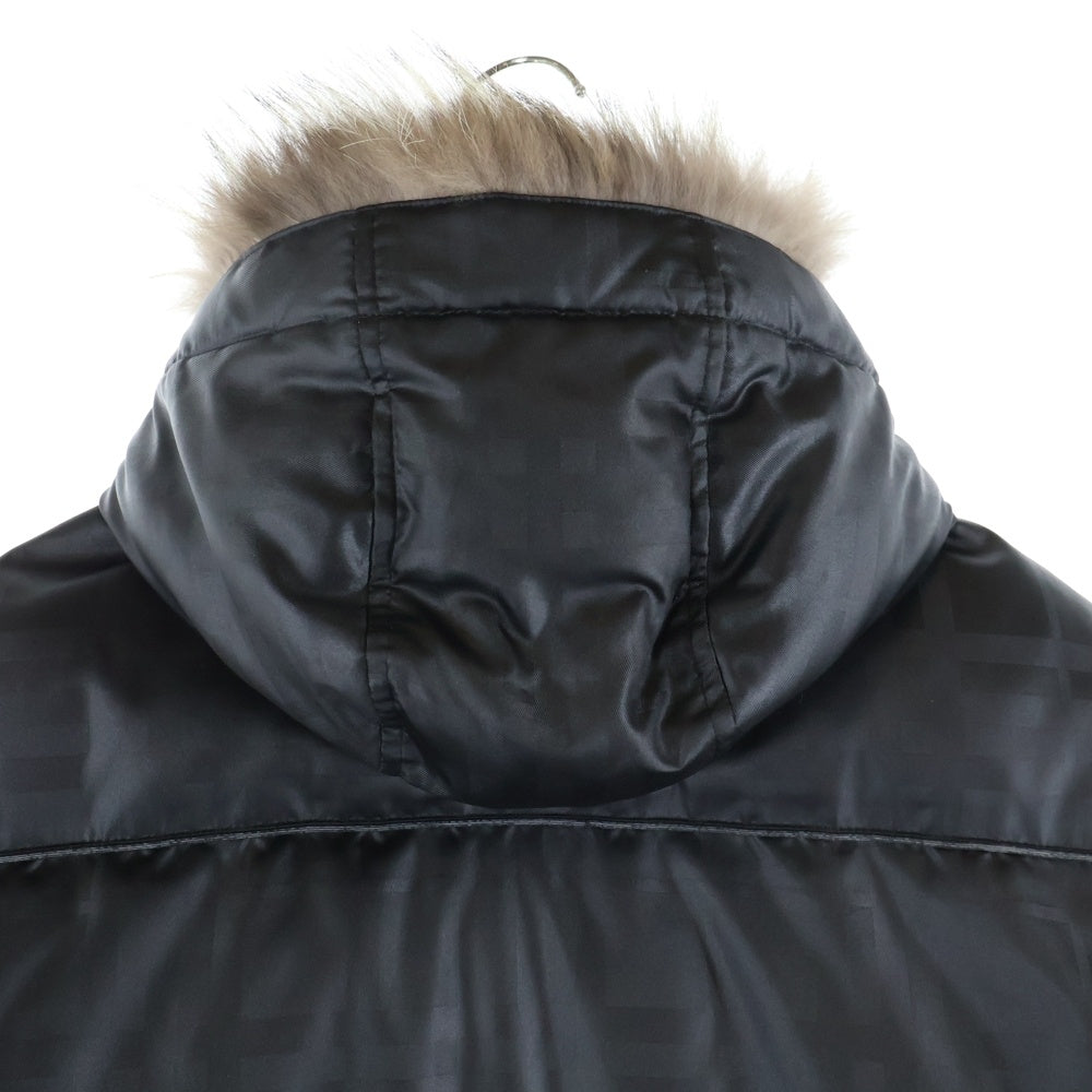 BURBERRY BLACK LABEL(バーバリー ブラックレーベル) チェック総柄 ファー フーデッド ジップアップ ダウンジャケット ブラック BMP63-733-09