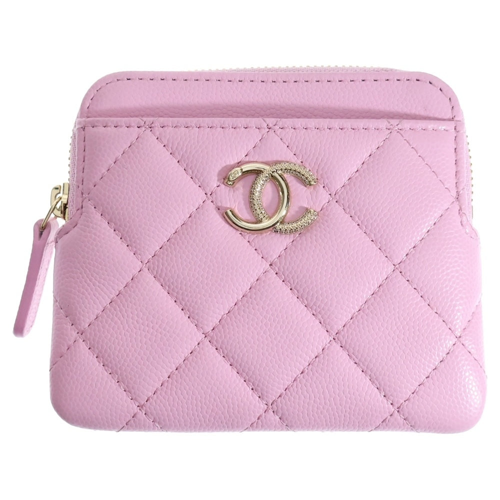 CHANEL(シャネル) マトラッセ ジップコインパース ピンク キャビアスキン ゴールド金具 レディース