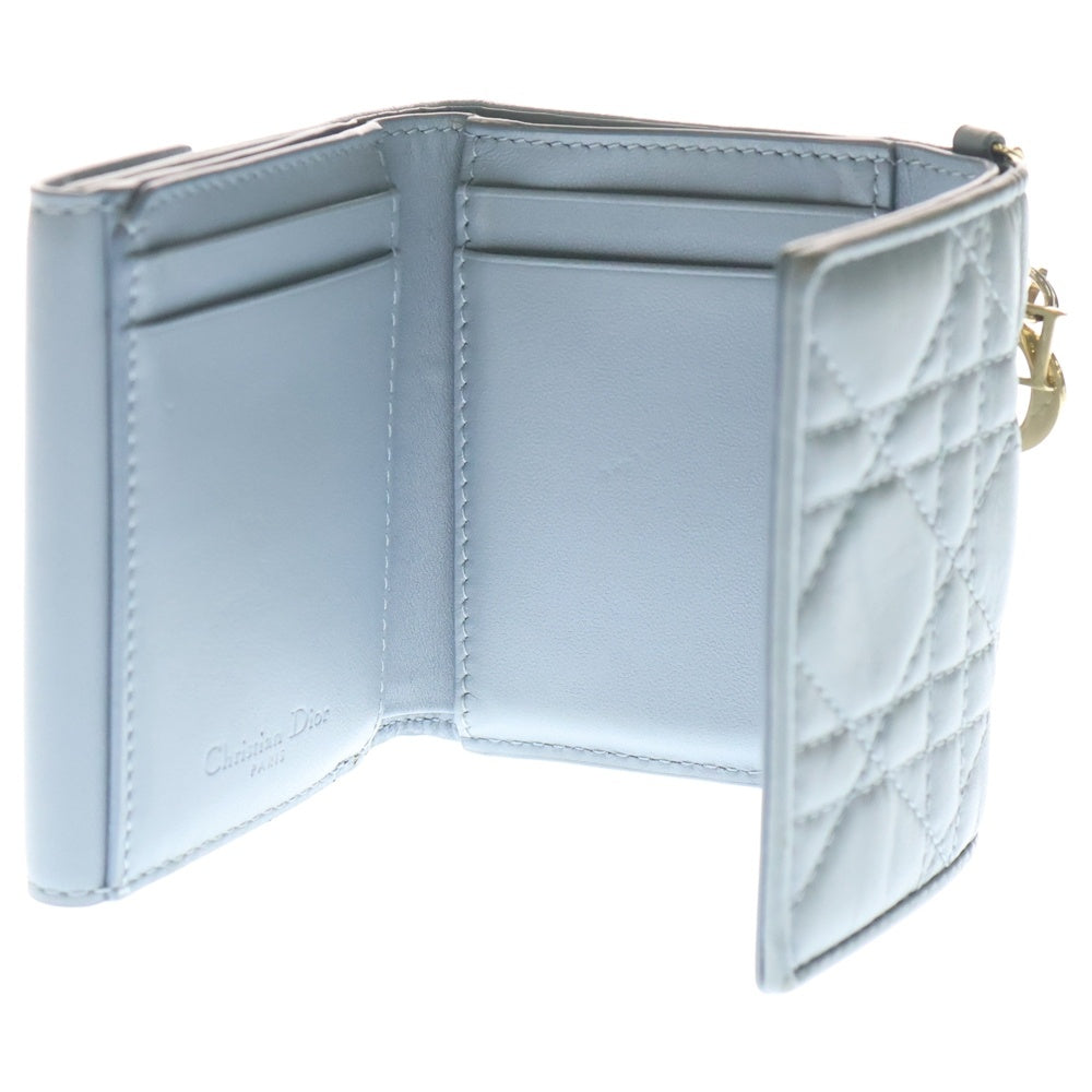 Christian Dior(クリスチャンディオール) カナージュ 三つ折り財布 コンパクトウォレット コインケース スモーキーブルー レザー ゴールド金具 レディース
