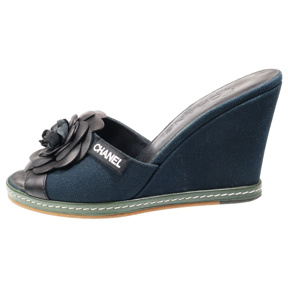 CHANEL(シャネル) カメリア ウェッジソール ヒール レザー キャンバス サンダル シューズ ブラック レディース G25948