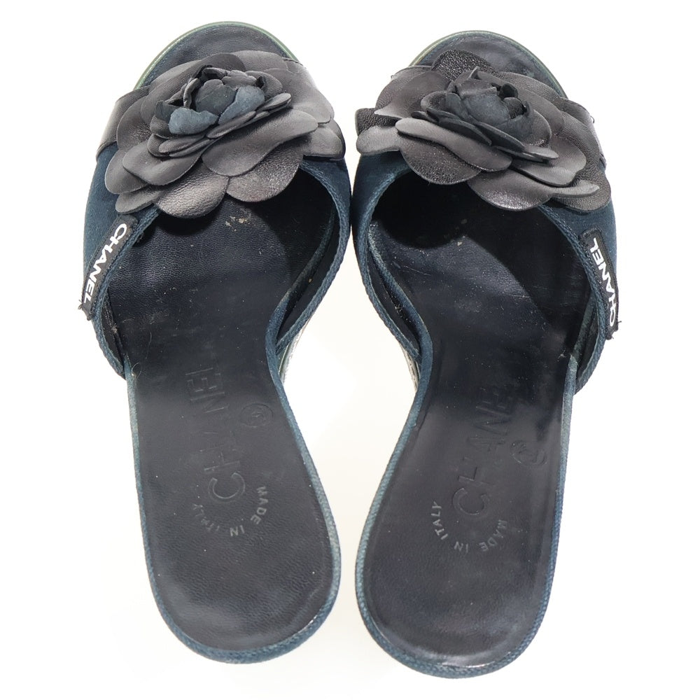 CHANEL(シャネル) カメリア ウェッジソール ヒール レザー キャンバス サンダル シューズ ブラック レディース G25948