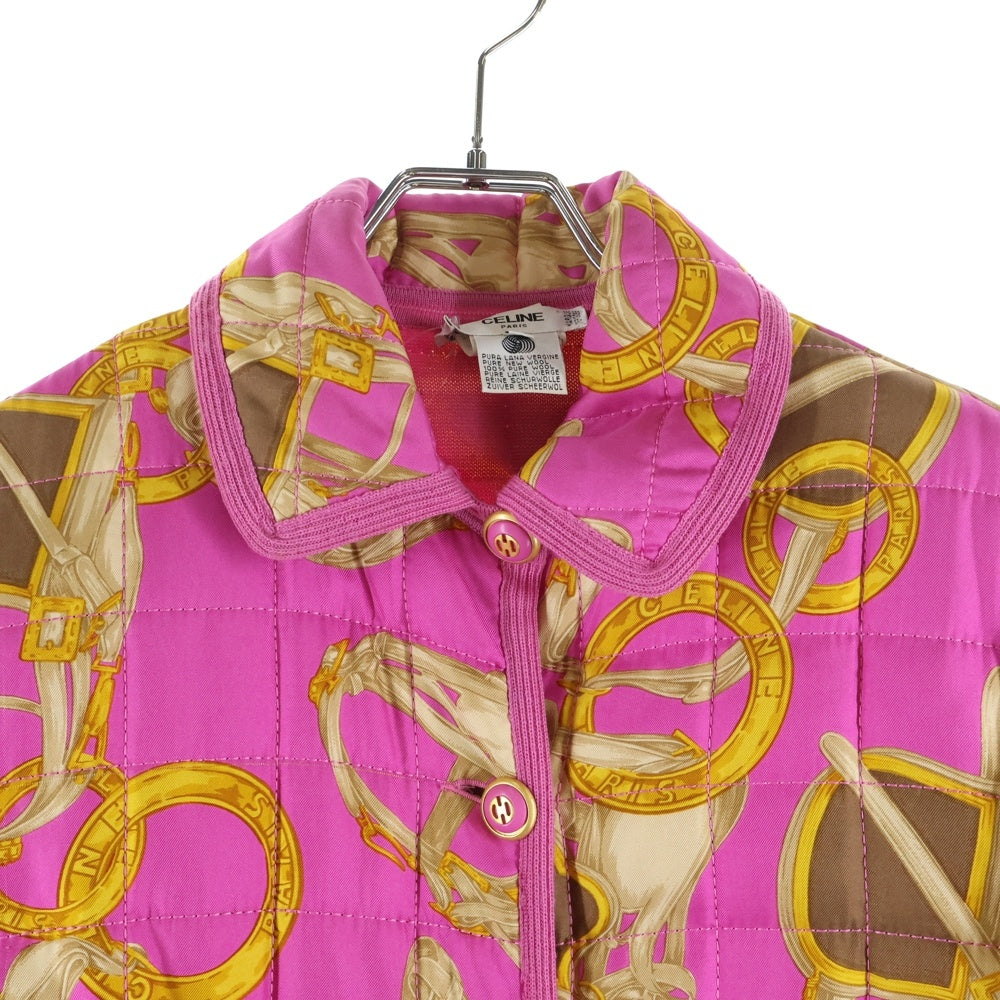 CELINE(セリーヌ) ロゴ 総柄プリント キルティング 中綿 ステンカラー ロングジャケット コート ピンク レディース