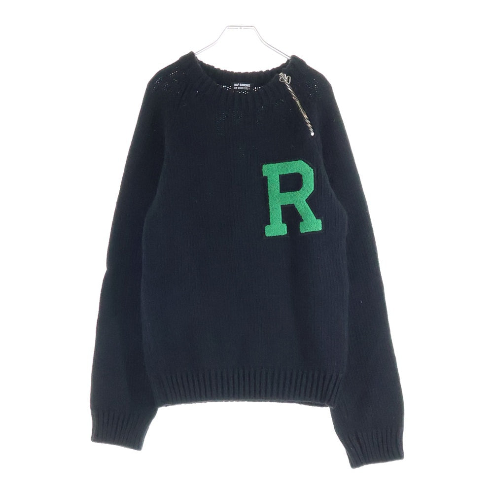 RAF SIMONS(ラフシモンズ) 21AW Rワッペンロゴ ジップデザイン クルーネック プルオーバー 長袖ニット セーター ブラック