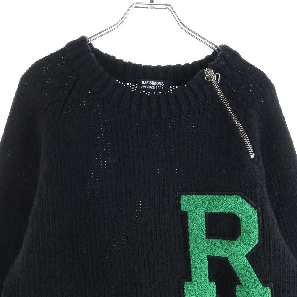 RAF SIMONS(ラフシモンズ) 21AW Rワッペンロゴ ジップデザイン クルーネック プルオーバー 長袖ニット セーター ブラック