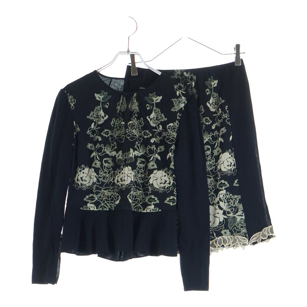 VIVIENNE TAM(ヴィヴィアンタム) セットアップ フラワー柄 プリント 切り替え パワーネット 長袖カットソー ミディアムスカート ブラック レディース