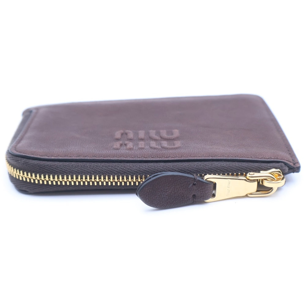 miumiu(ミュウミュウ) ロゴフラグメントケース コインケース ミニ財布 小物入れ ポーチ ブラウン レザー ゴールド金具 レディース