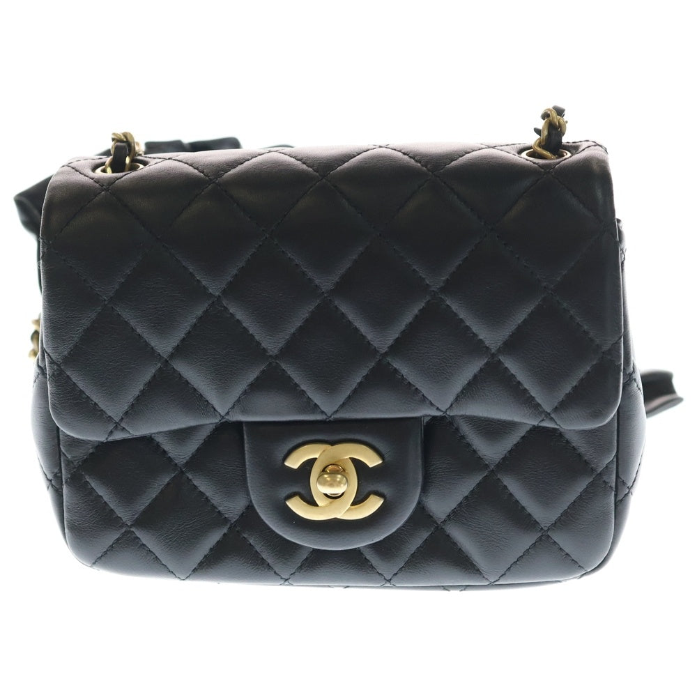 CHANEL(シャネル) ミニマトラッセ フリル チェーンショルダーバッグ ブラック ラムスキン ゴールド金具 レディース