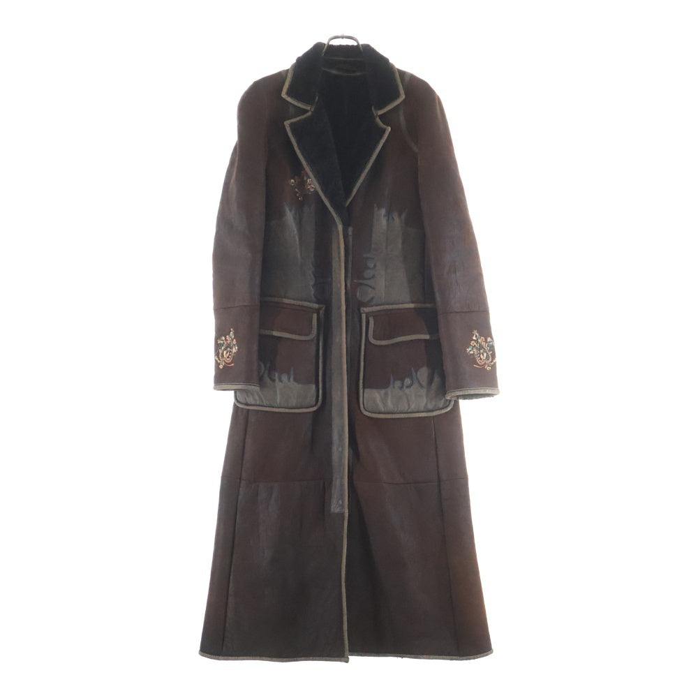 KENZO(ケンゾー) フラワーエンブロイダリー ムートンレザー コート ブラウン レディース