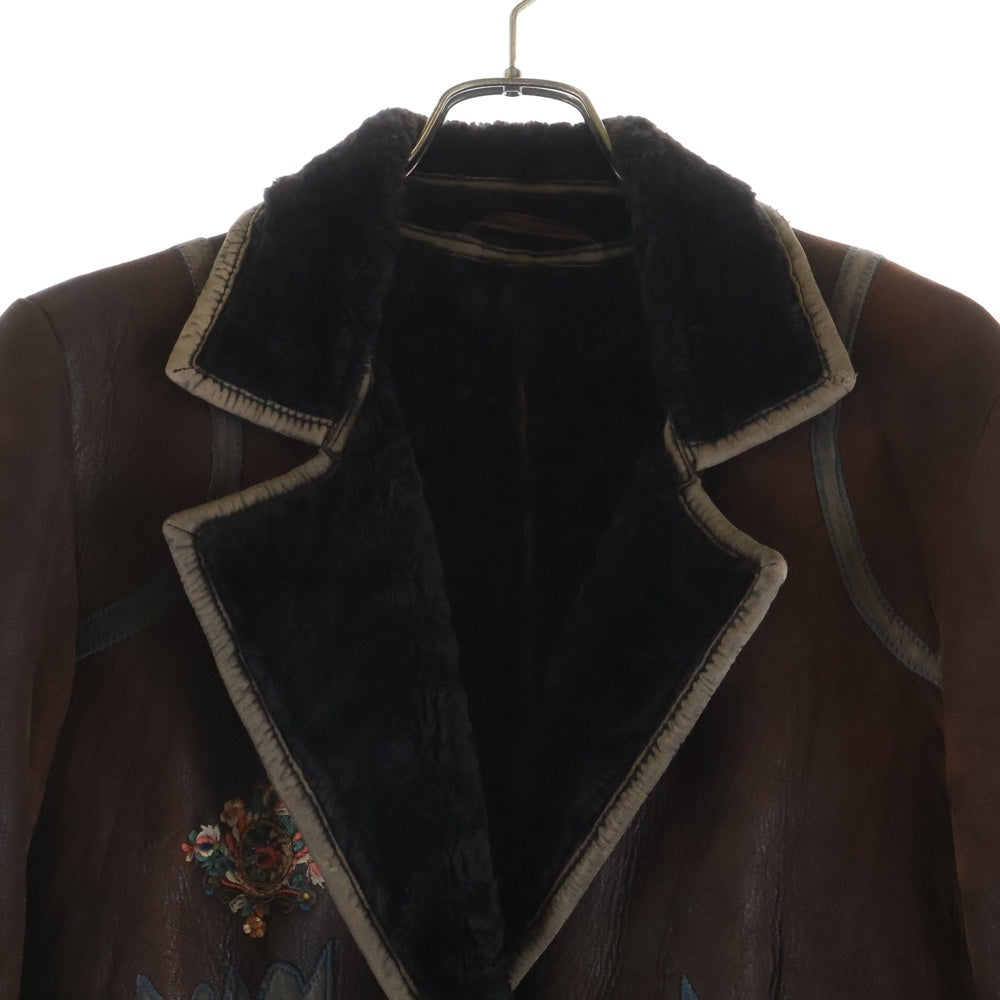 KENZO(ケンゾー) フラワーエンブロイダリー ムートンレザー コート ブラウン レディース