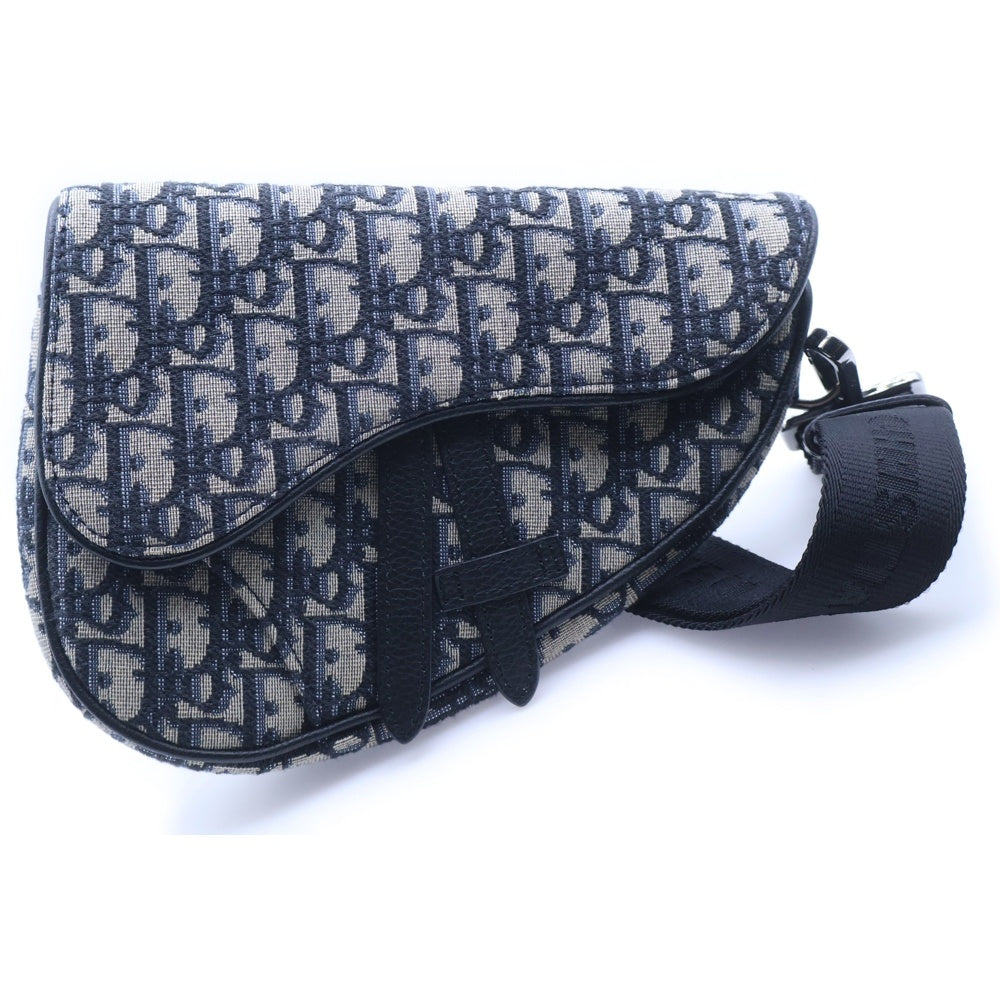 Christian Dior(クリスチャンディオール) オブリーク サドル ボディバッグ ウエストバッグ ショルダーバッグ ネイビー レザー×キャンバス シルバー金具 レディース