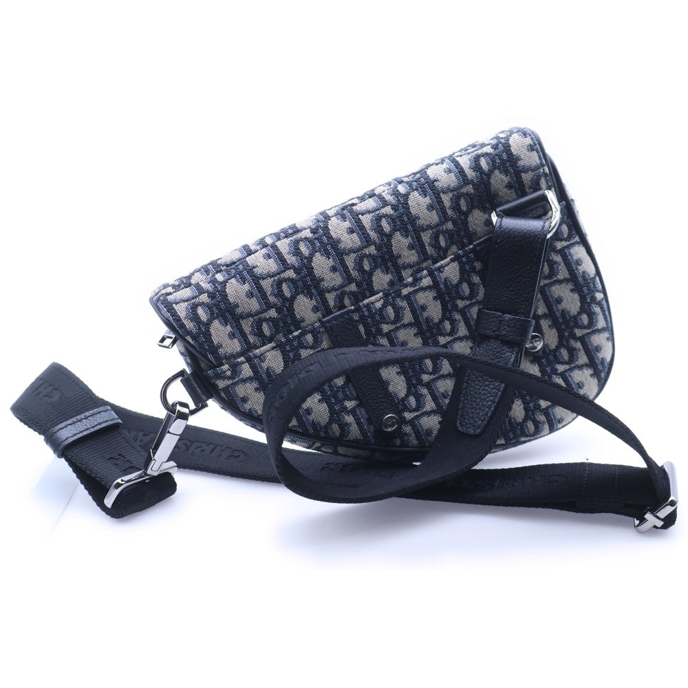 Christian Dior(クリスチャンディオール) オブリーク サドル ボディバッグ ウエストバッグ ショルダーバッグ ネイビー レザー×キャンバス シルバー金具 レディース