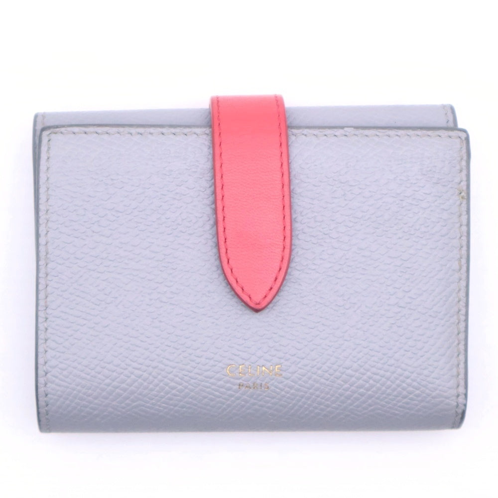 CELINE(セリーヌ) スモールストラップウォレット 三つ折り財布 コインケース レッド×グレー レザー ゴールド金具