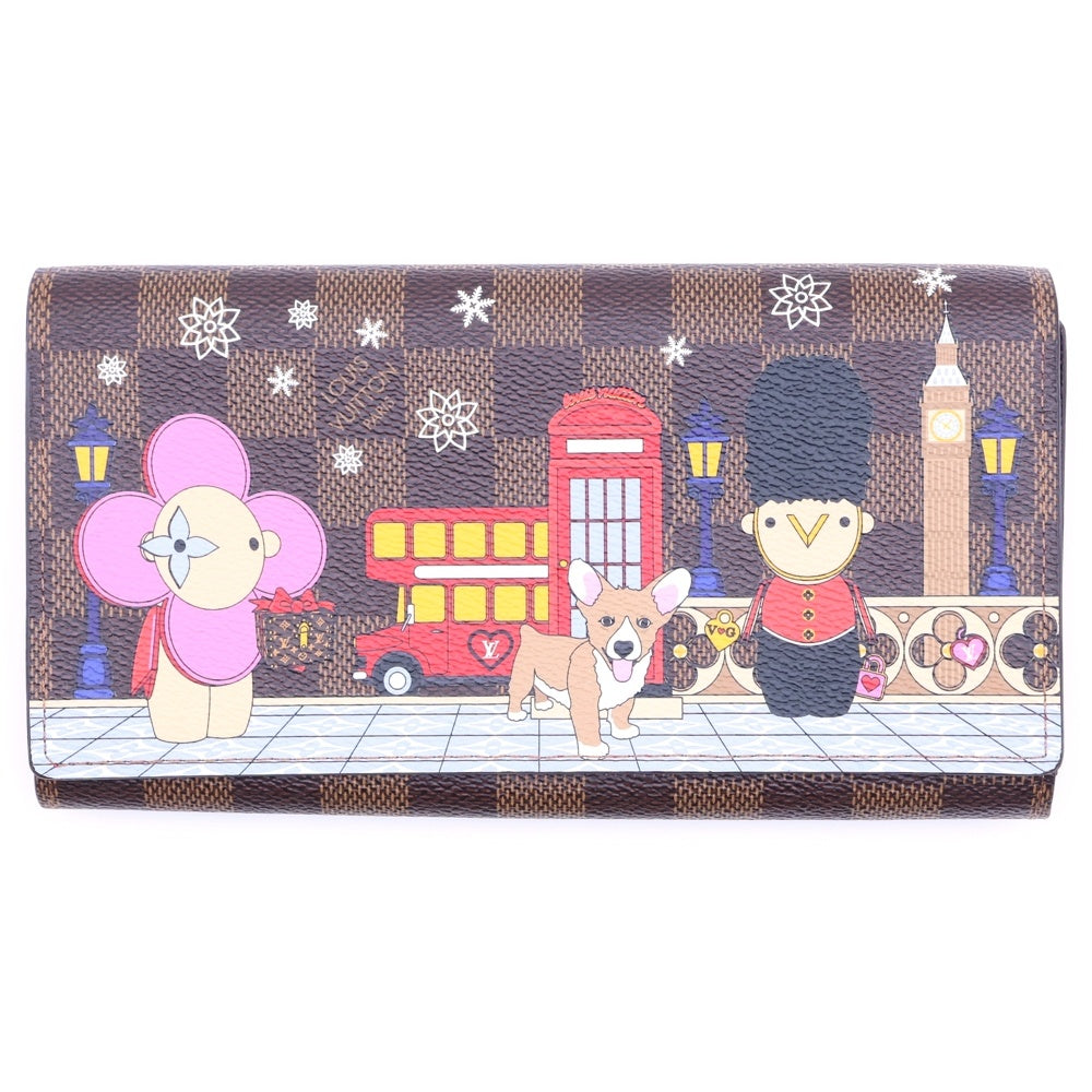 LOUIS VUITTON(ルイヴィトン) ダミエエベヌ ヴィヴィエンヌ ホリデー ポルトフォイユサラ ロングウォレット 長財布 ブラウン×レッド PVC N60491 ゴールド金具