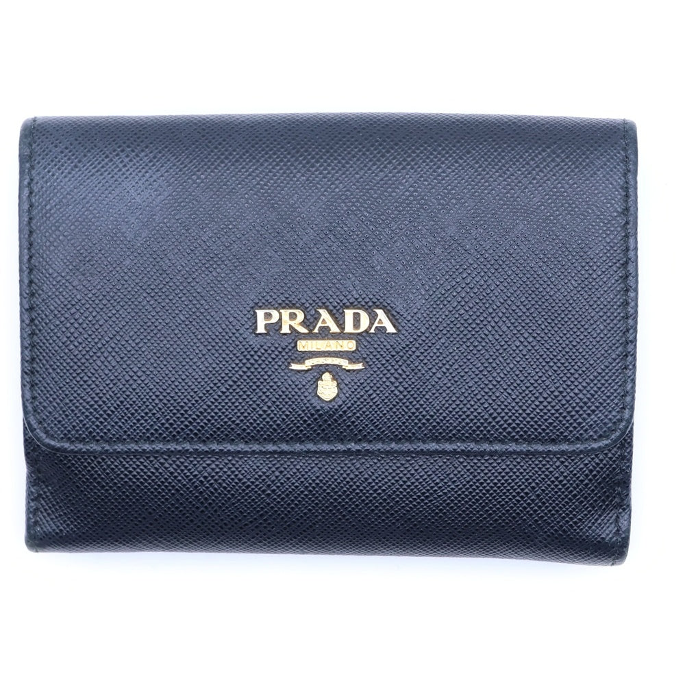 PRADA(プラダ) サフィアーノ 3つ折り財布 コンパクトウォレット ブラック レザー ゴールド金具 レディース
