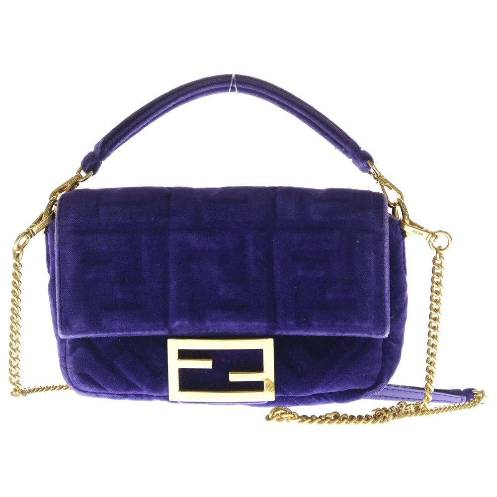 FENDI(フェンディ) ミニ マンマバゲット ズッカ柄 ベロア ベルベット 2WAY ハンド チェーン ショルダーバッグ ゴールド金具 パープル 8BS017