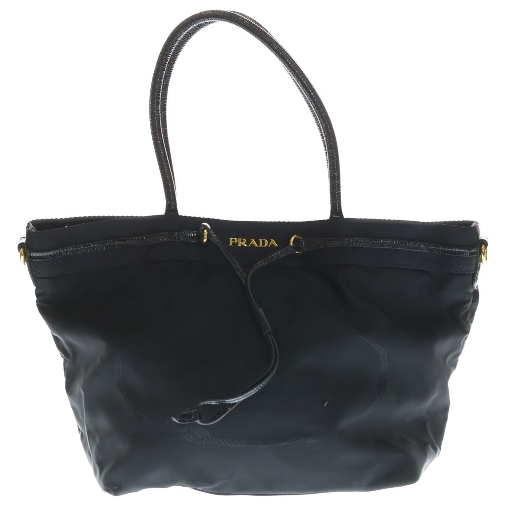 PRADA(プラダ) ロゴジャガード トートバッグ ハンドバッグ ミニバッグ ブラック レザー×ナイロン ゴールド金具 レディース