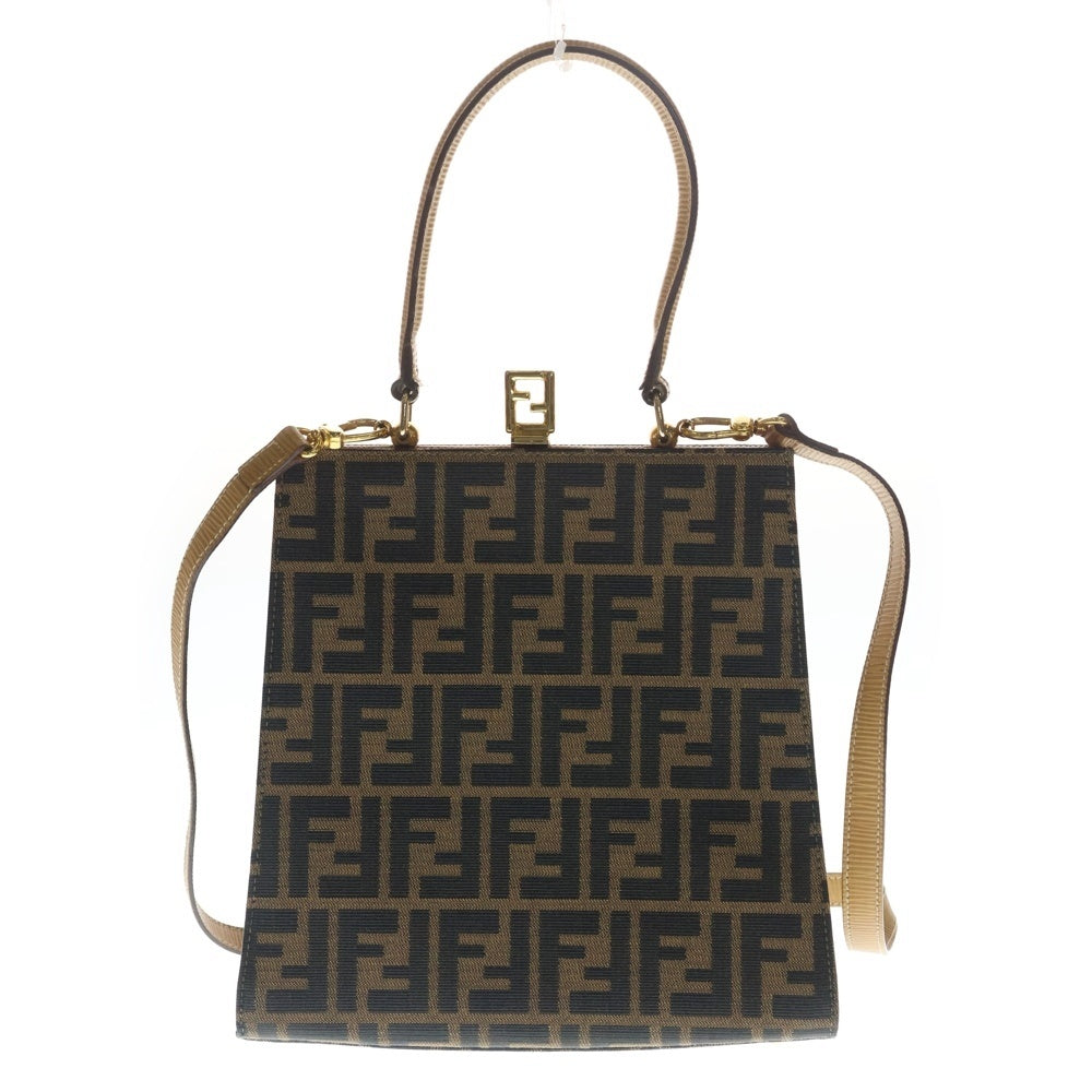 FENDI(フェンディ) ズッカ がま口2WAYショルダーバッグ ハンドバッグ ブラウン×ベージュ キャンバス×レザー ゴールド金具 レディース