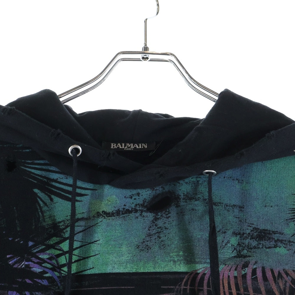 BALMAIN(バルマン) ■Cuba デストロイ加工 プルオーバーパーカー ブラック コットン #XS RH13209I048